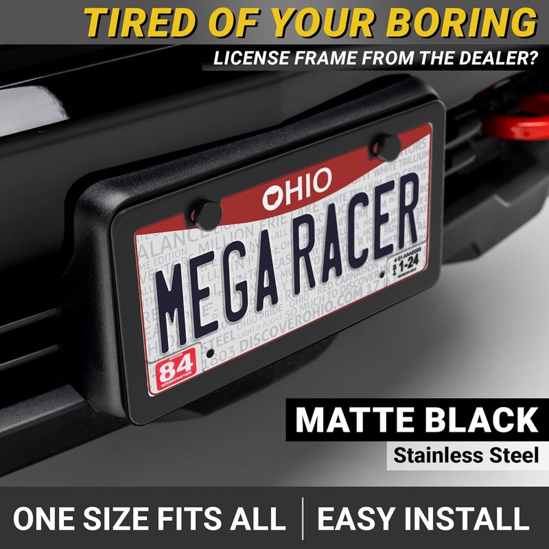 Mega Racer Premium Slim Matte Black License Plate Frame – 1 Piece, Rust-Free Stainless Steel & Rattle-Free, Street Legal, Universal with Screw Caps, Thin Edged Metal Front or Rear Car Tag Holder for Men & Women - Image 2